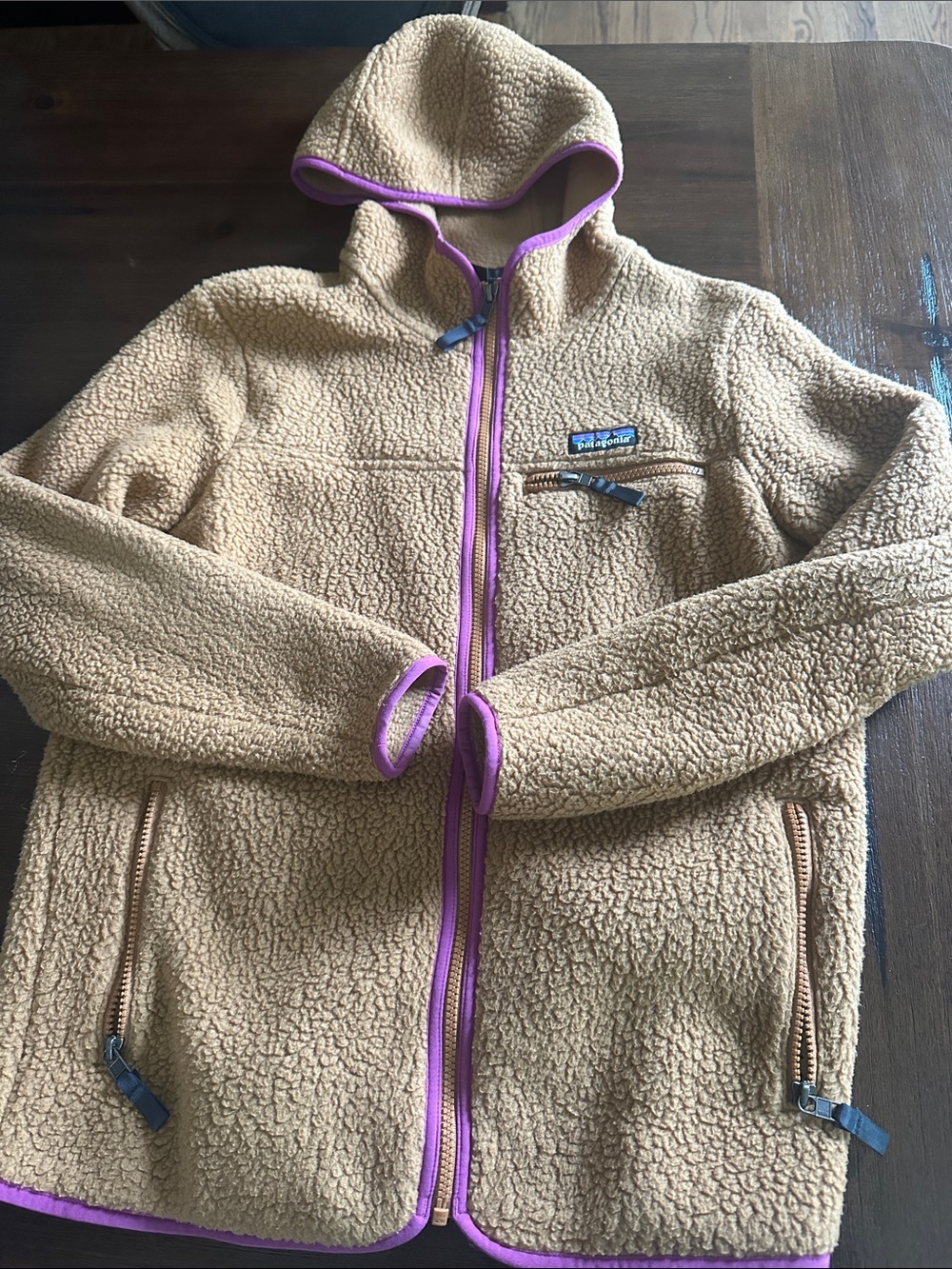 Patagonia Tan Sherpa Jacket with Purple Pink Trim